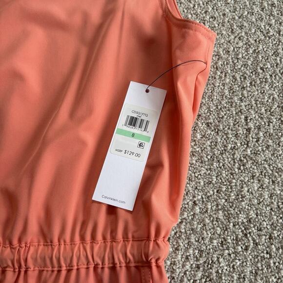 Calvin Klein Drawstring Shift Dress Sz 8 Sleeveless Coral Orange Pockets NEW - Picture 2 of 5